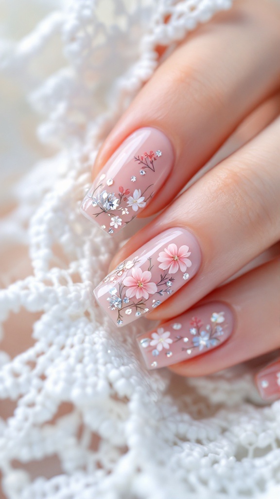 Rhinestone-studded floral nail design with pink flowers and sparkling accents.