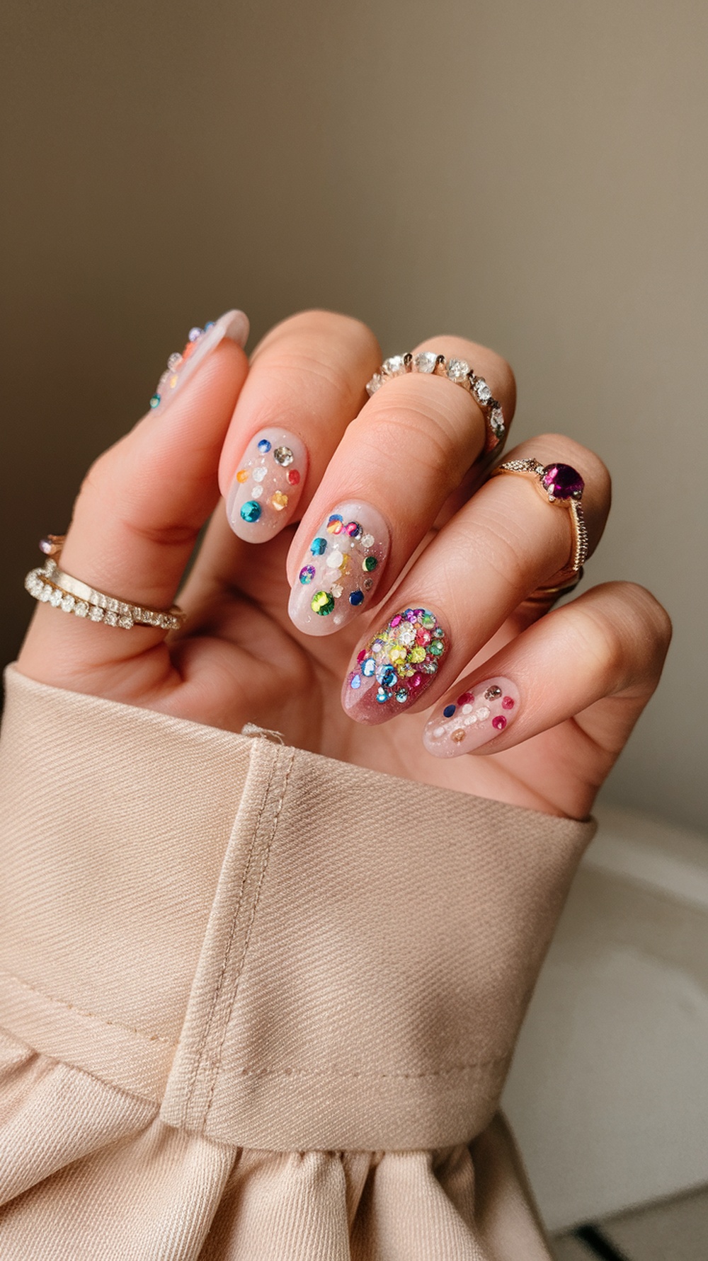 A hand with colorful rhinestone-studded nails, showcasing a playful and festive nail art design.