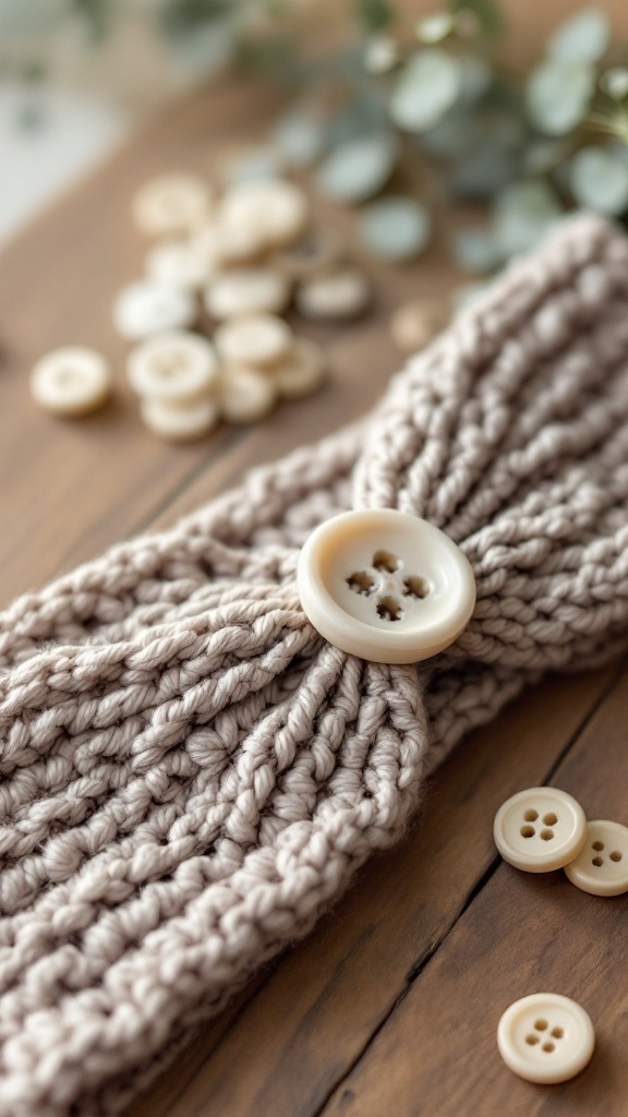 A ribbed crochet headband in a neutral color featuring a large button detail, surrounded by smaller buttons on a wooden surface.