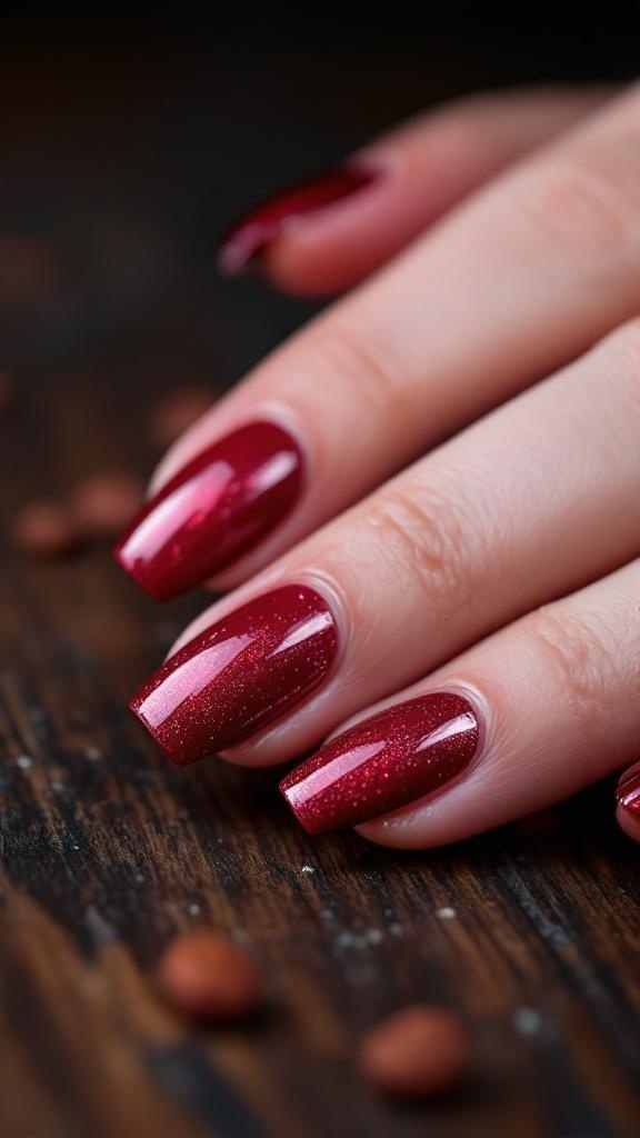 A close-up of two sets of manicured burgundy almond nails, one with shimmer, alongside elegant rings.