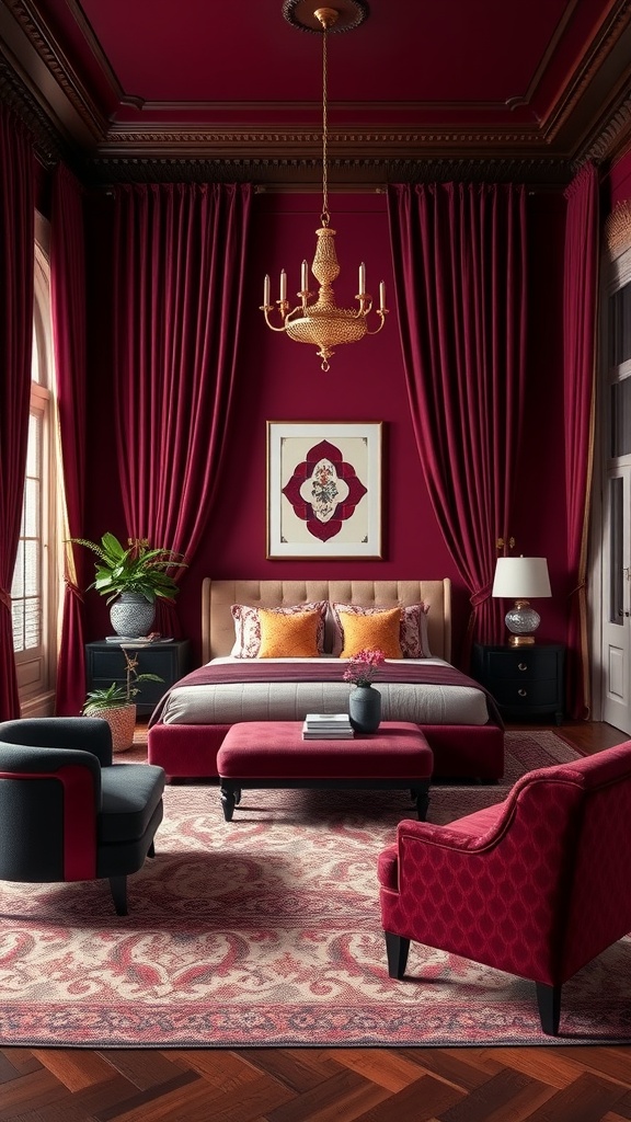 A luxurious living room painted in rich burgundy with elegant furniture and decor.