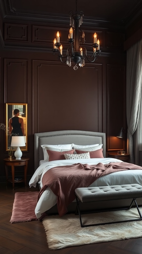 A cozy bedroom with rich chocolate brown walls, elegant lighting, and soft bedding.