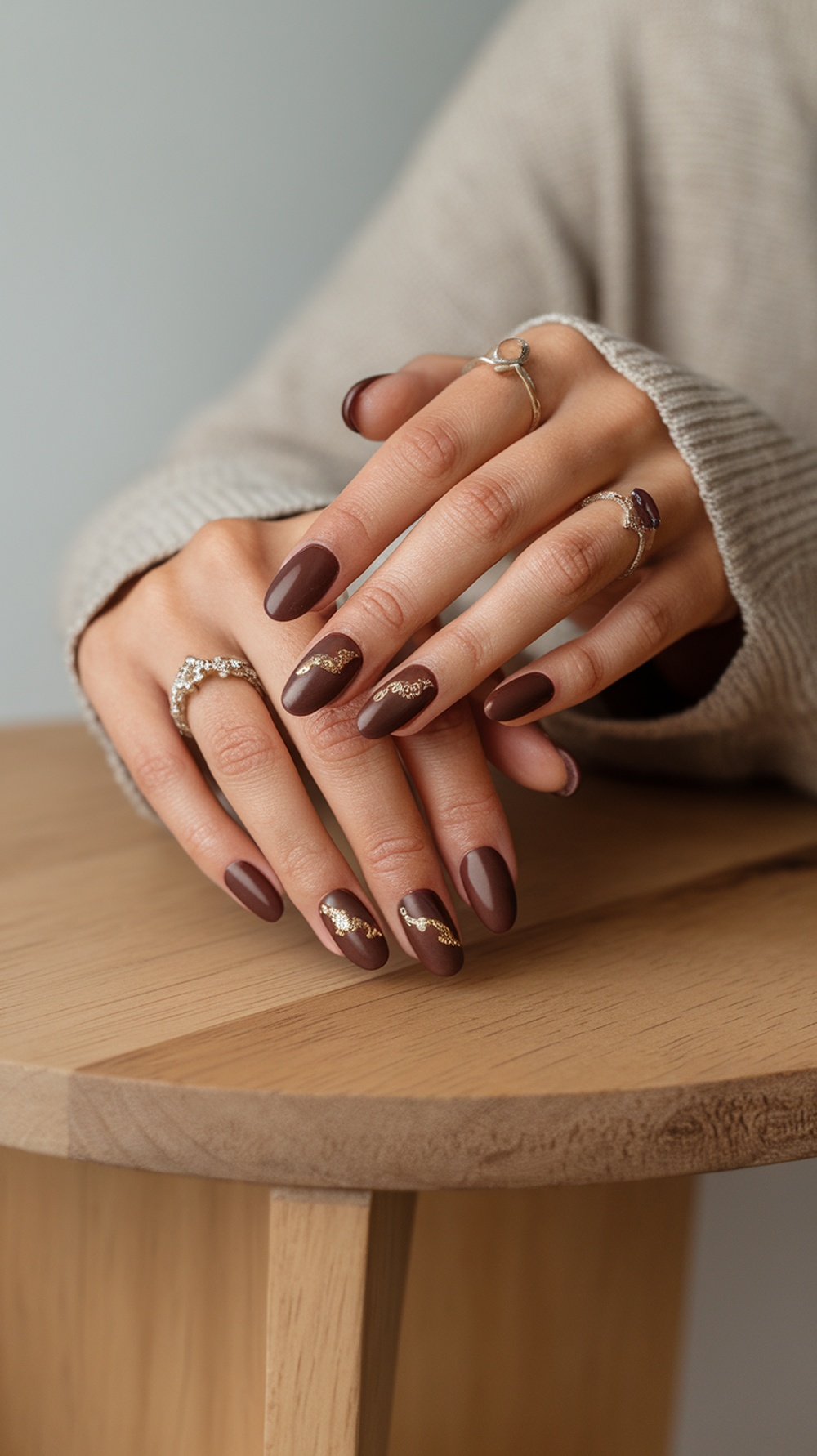 Nails painted in rich chocolate brown with gold accents, showcasing a stylish fall nail design.