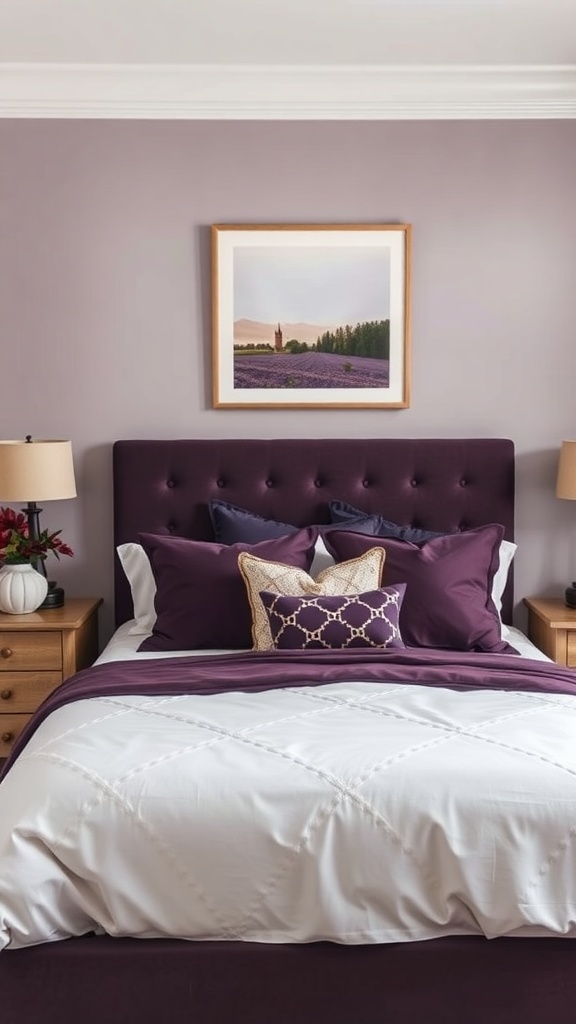 A cozy bedroom featuring rich eggplant tones with a plush headboard, white bedding, and decorative pillows.