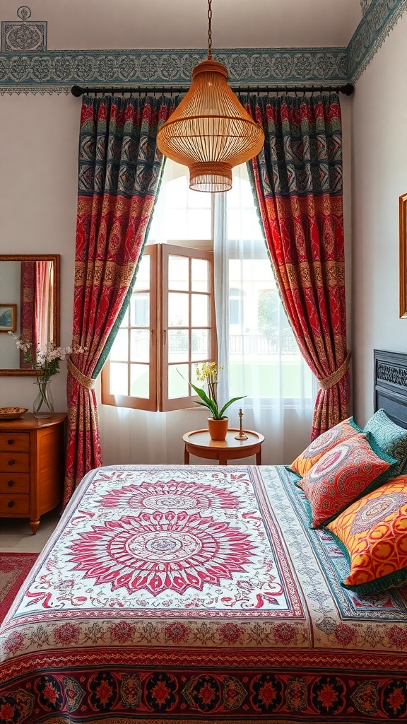 A Moroccan bedroom featuring rich textiles, colorful patterns, and a warm atmosphere.
