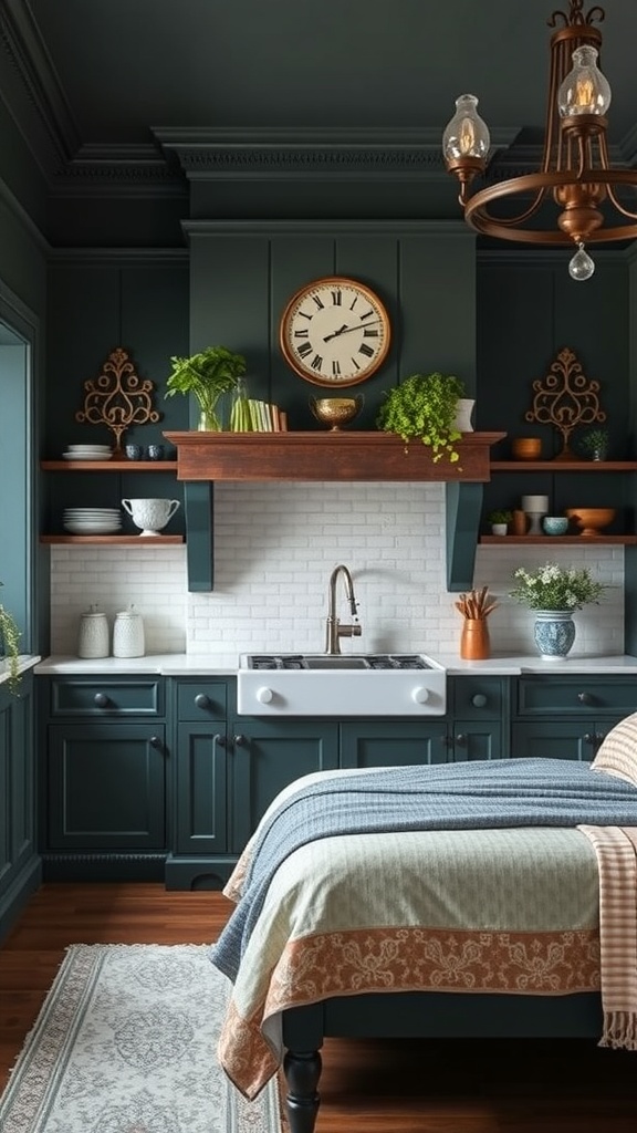 A Victorian kitchen with dark green walls, wooden accents, and vintage decor.