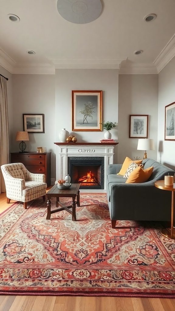 A traditional living room featuring a richly textured area rug, gray walls, and cozy furniture.