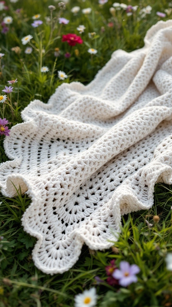 A crochet blanket with a ripple effect edge rests on a bed of colorful flowers.