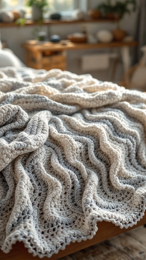 A cozy crochet bedspread featuring a ripple stitch pattern in soft neutral tones.