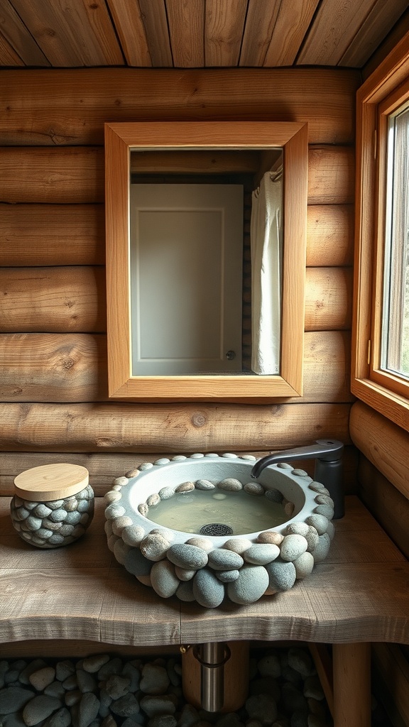 A rustic bathroom sink made from river pebbles, surrounded by a wooden countertop and natural wood walls.