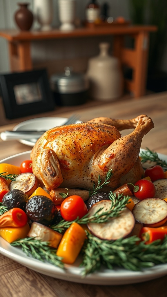 A roasted chicken with seasonal vegetables on a platter.
