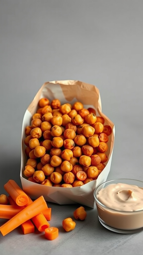 A bag of roasted chickpeas with carrot sticks and creamy dip