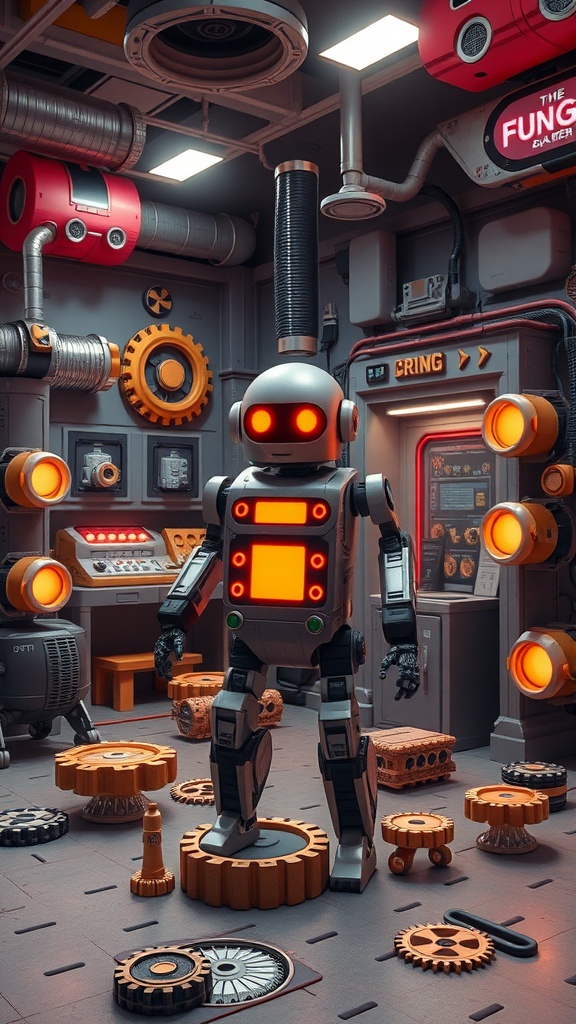 A colorful robot in a factory filled with gears and machinery, ideal for a kids' escape room.