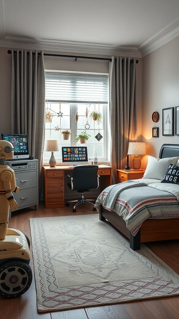A stylish preschooler bedroom featuring a robot, a desk with a computer, and cozy decor.