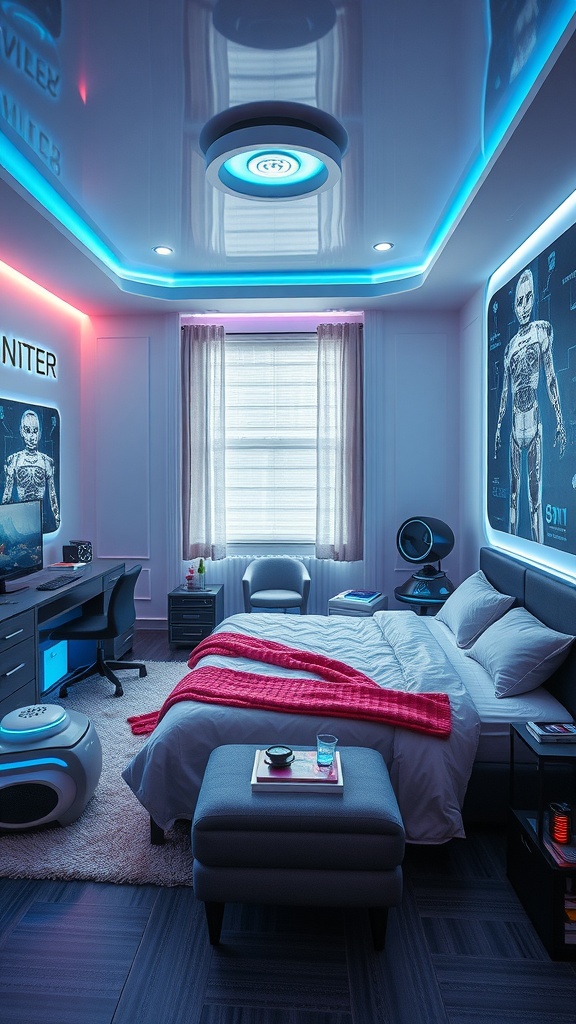 A modern boy's bedroom designed with a Robot Workshop theme featuring LED lights, robot artwork, and a workspace.