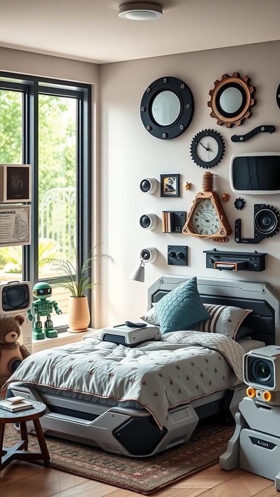 A cozy toddler boy's bedroom with a robot workshop theme, featuring a spaceship-style bed, various gadgets on the wall, and toy robots.
