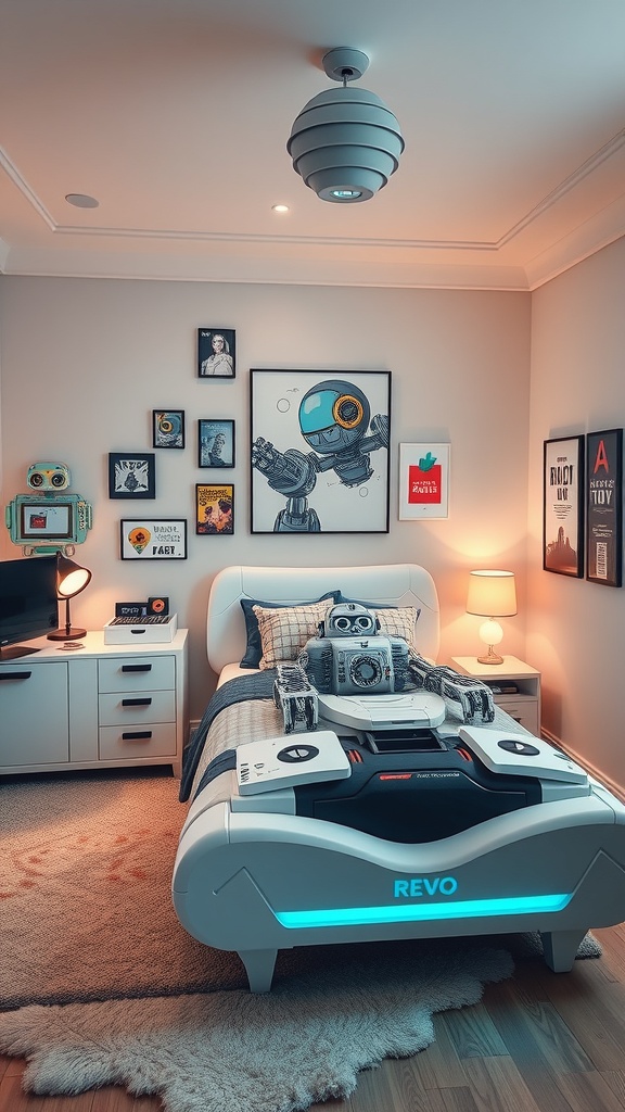 A modern boys' bedroom designed with a robot theme, featuring a robot-shaped bed, colorful wall art, and a cozy rug.