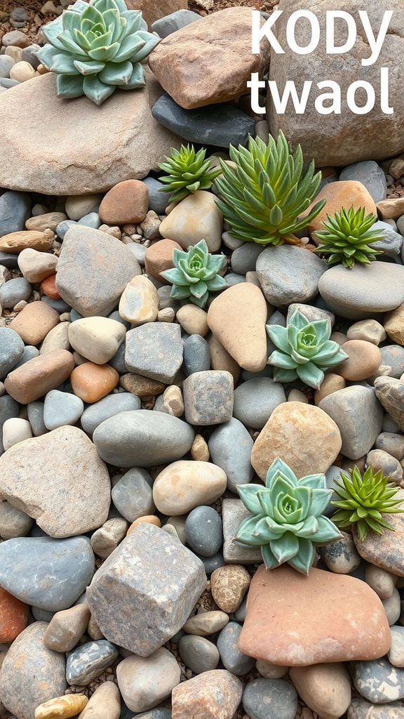 A rock garden featuring various succulent plants among smooth stones.