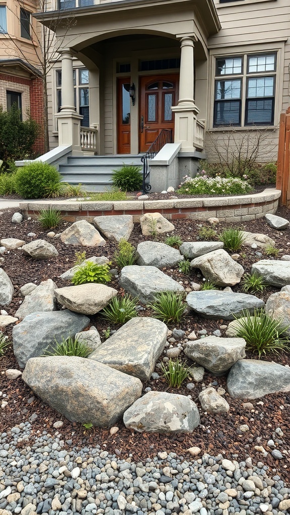 A rock garden featuring various stones and native plants, suitable for a Victorian front yard.