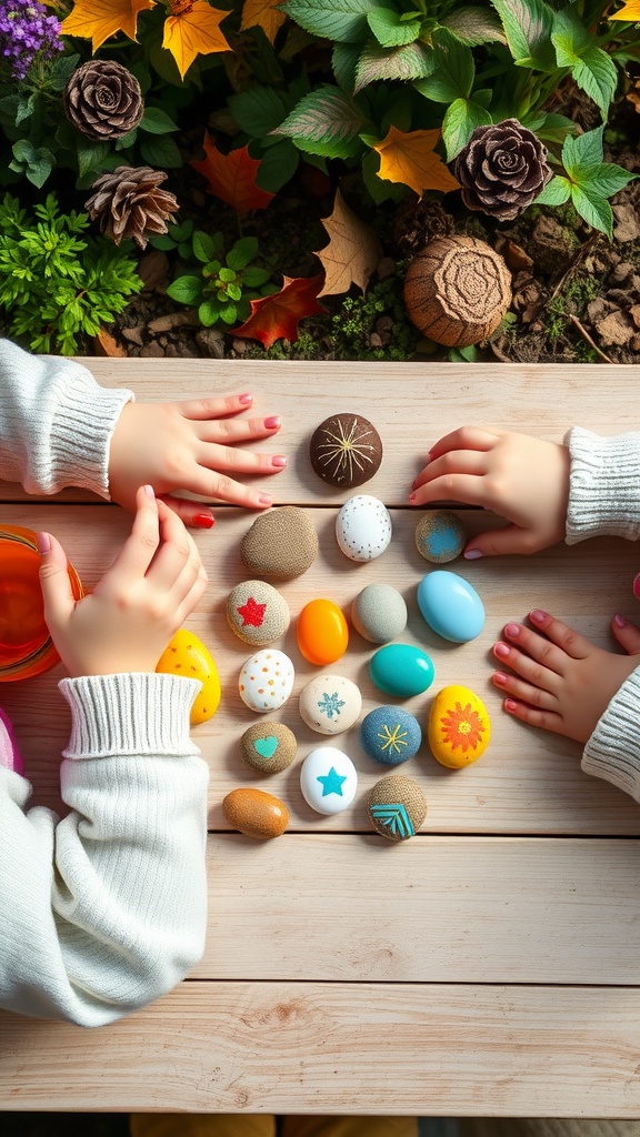 Children painting colorful rocks on a wooden table surrounded by a garden