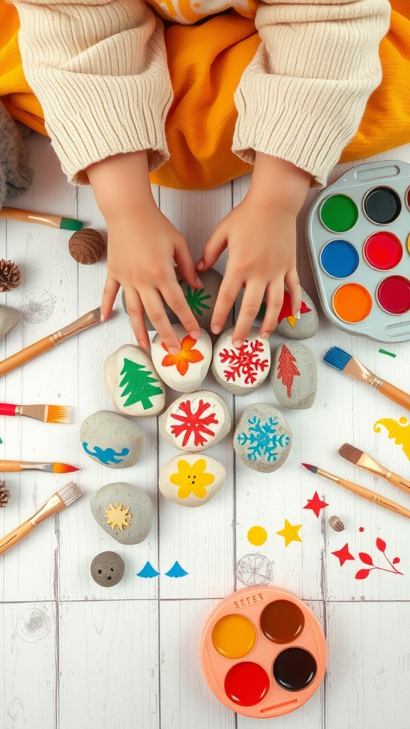 A child's hands preparing to paint decorated rocks with bright colors, surrounded by brushes and paint palettes.