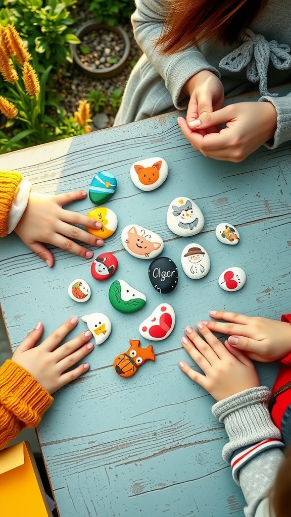 Children painting colorful rocks on a table