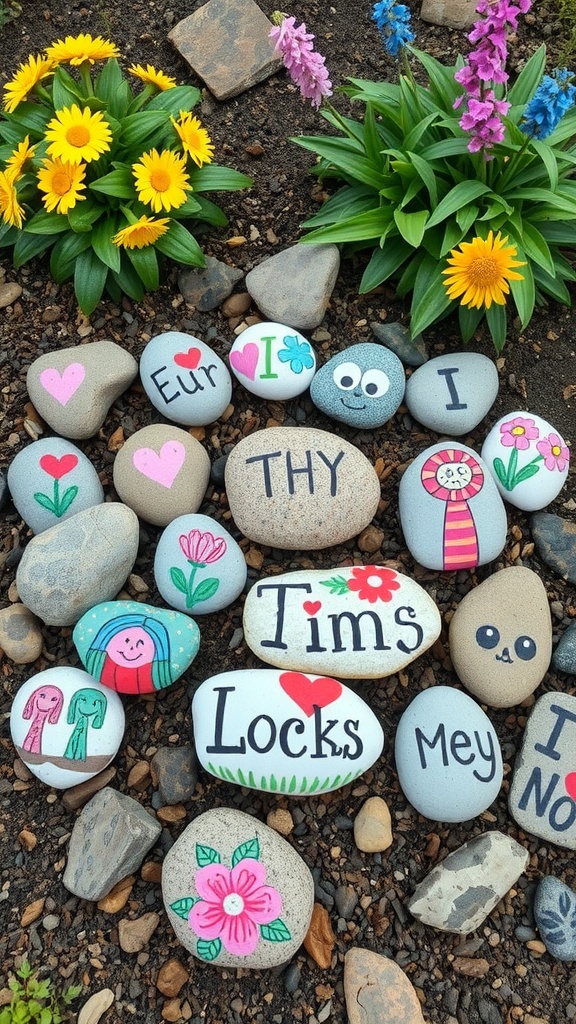 A collection of painted rocks with colorful designs and messages in a garden setting.