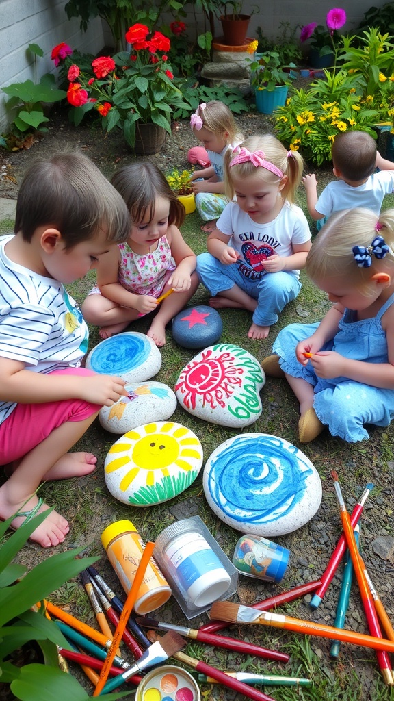 Children painting rocks in a garden setting