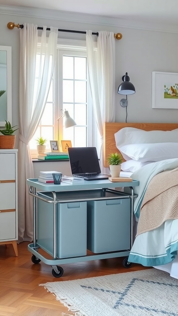 A modern rolling cart with two bins next to a bed in a well-lit room.