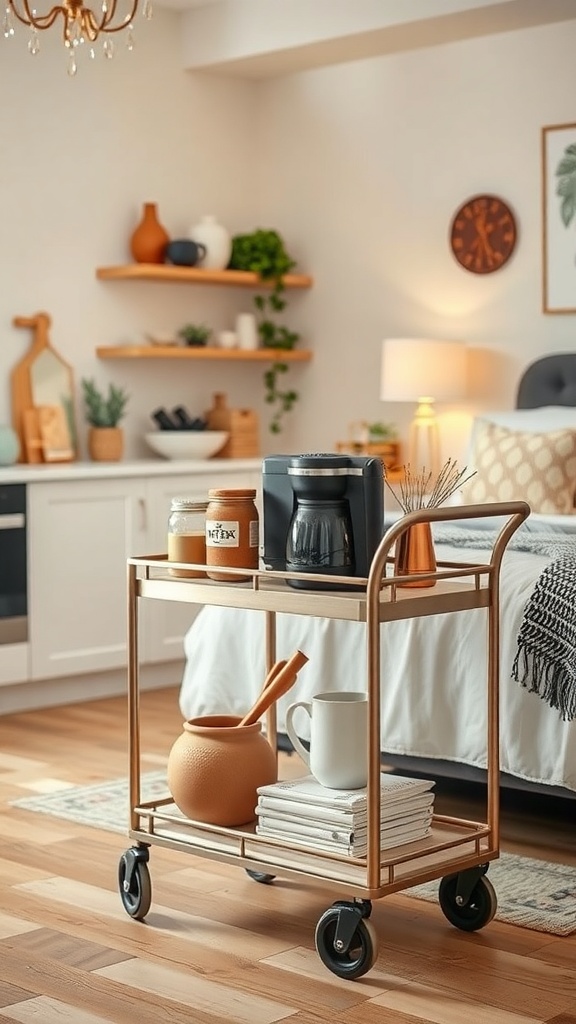A stylish rolling coffee cart with a coffee maker, mugs, and decorative items in a cozy room.