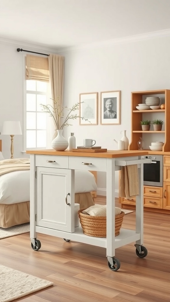 A stylish rolling kitchen cart island with a light wood top and white frame, featuring a cabinet and open shelf.