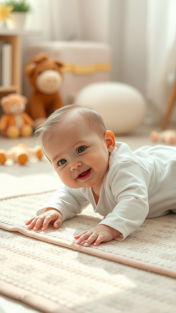 A happy baby on their tummy, smiling while reaching out, surrounded by toys.