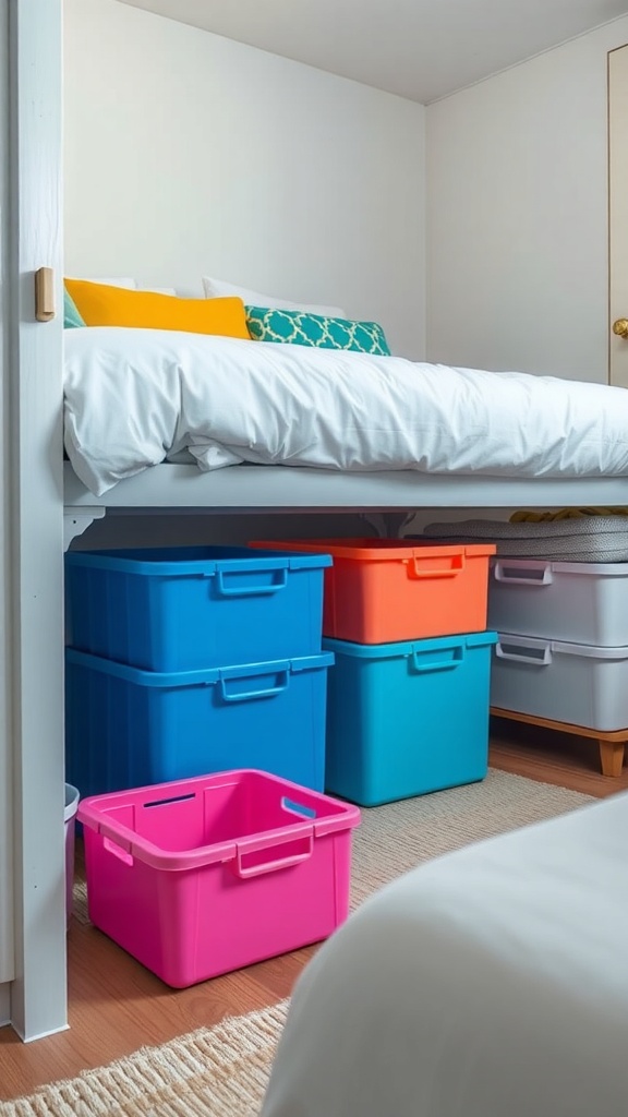 Colorful rolling storage bins under a bed in a small room