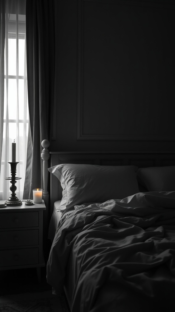 Cozy black and white bedroom with rumpled bed and candlelight