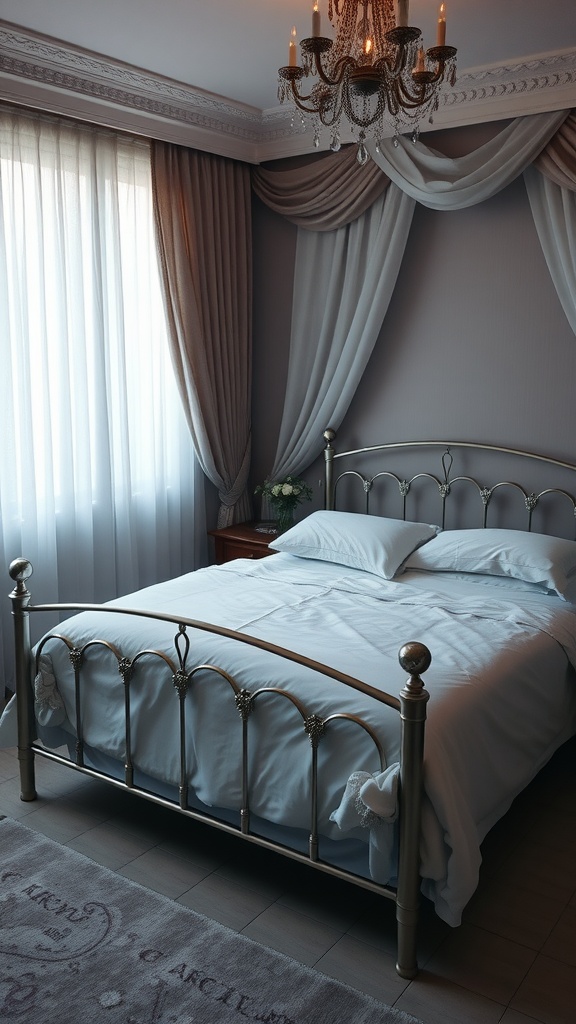 A cozy bedroom featuring a silver metal bed frame, soft linens, elegant curtains, and a chandelier.