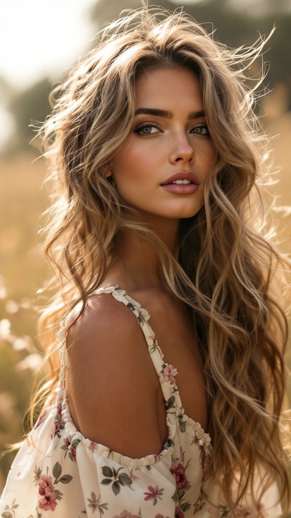 A woman with romantic bohemian waves, wearing a floral dress, in a sunlit field