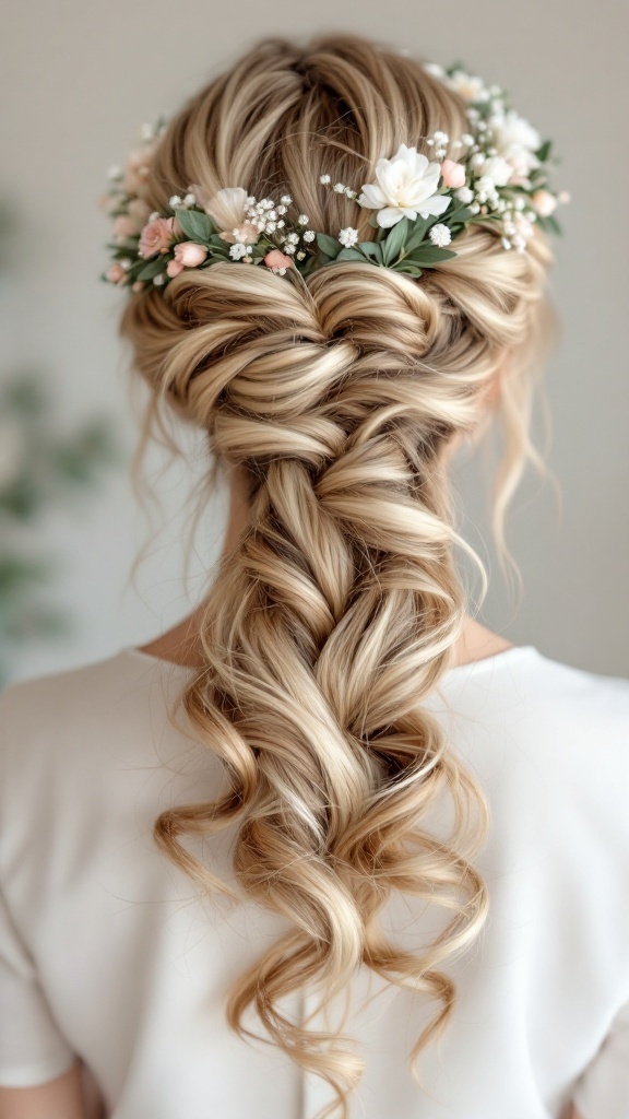 Romantic braided crown hairstyle with flowers for bridesmaids