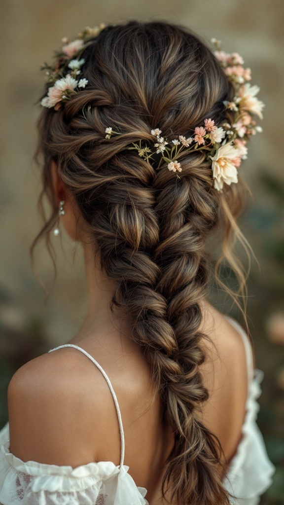A romantic braided crown hairstyle with flowers, perfect for weddings.