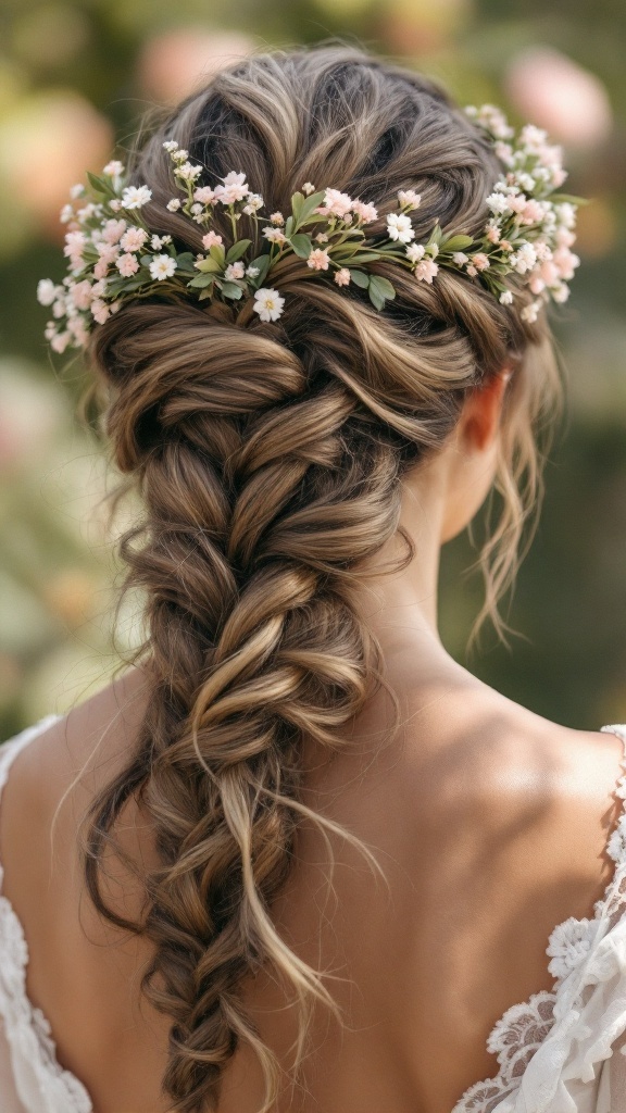 A romantic braided crown hairstyle decorated with flowers, showcasing a beautiful vintage wedding look.