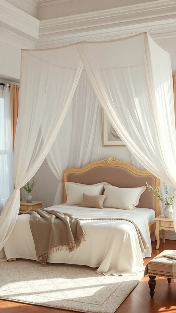 A romantic canopy bed with sheer curtains, soft bedding, and a cozy atmosphere.