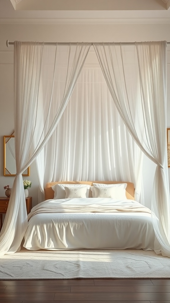 A romantic canopy bed with sheer white curtains, soft bedding, and warm lighting.