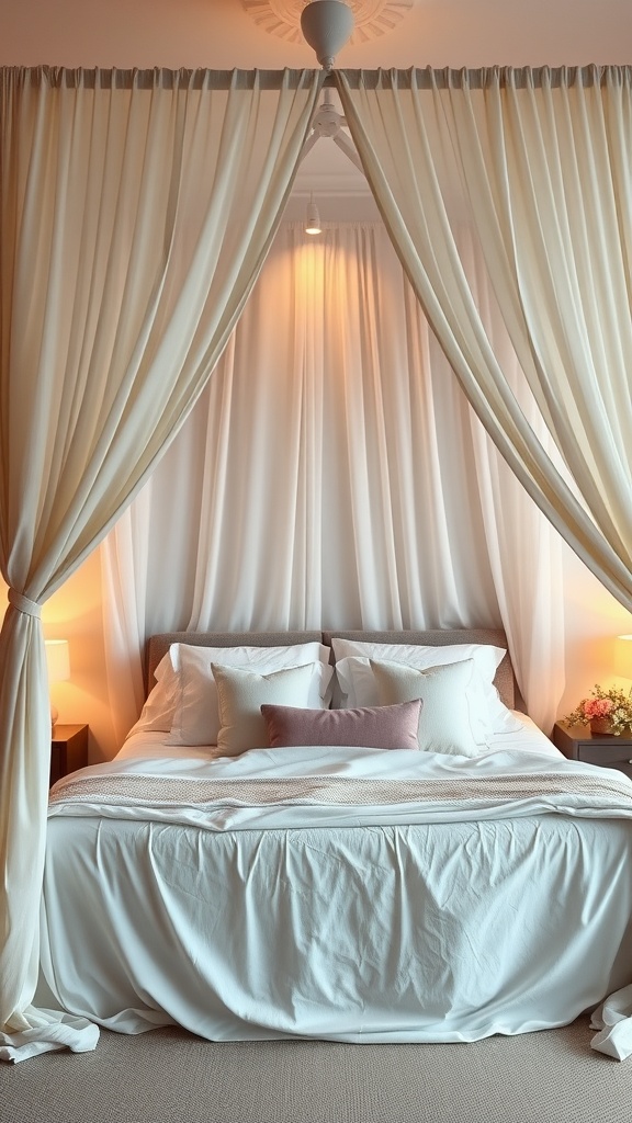 A cozy bedroom featuring a romantic canopy bed with soft curtains and warm lighting.