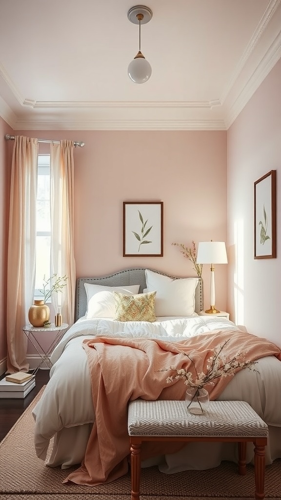A cozy small bedroom with blush pink walls, soft bedding, and natural decor.