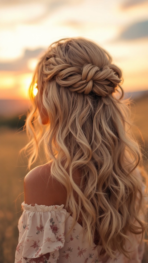 Half-up, half-down hairstyle with romantic curls and a braid, set against a sunset background.