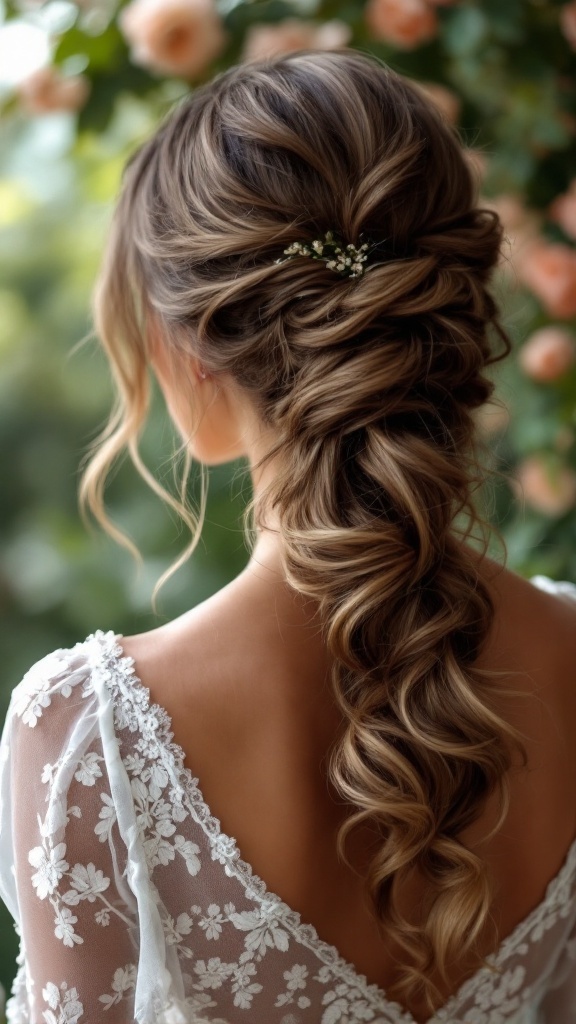 A romantic curly low ponytail hairstyle with floral accents, showcasing elegance and charm.