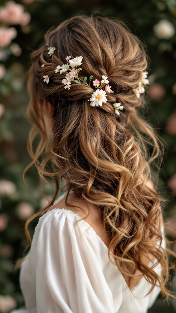 A woman with a romantic curly side ponytail adorned with small flowers