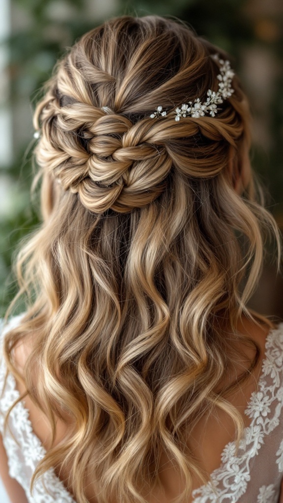 A romantic half-up Dutch braid hairstyle with loose waves and floral accents