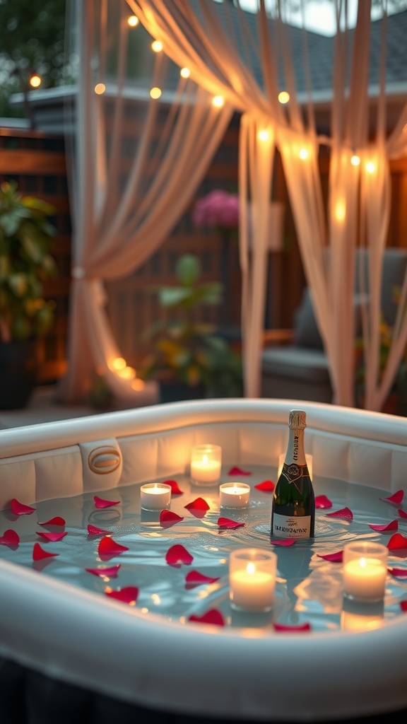 A romantic setup for an inflatable hot tub with candles, rose petals, and a bottle of champagne.