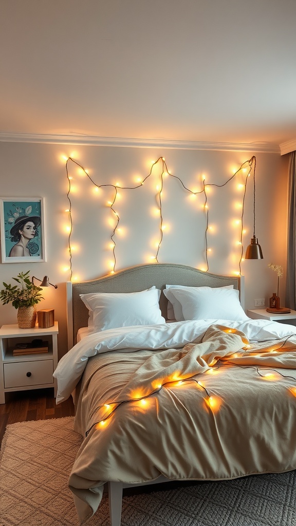 A cozy bedroom with warm fairy lights draped on the walls and around the bed, creating a romantic atmosphere.