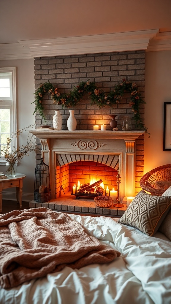 A cozy bedroom featuring a faux fireplace with candles and decorative elements, creating a romantic atmosphere.